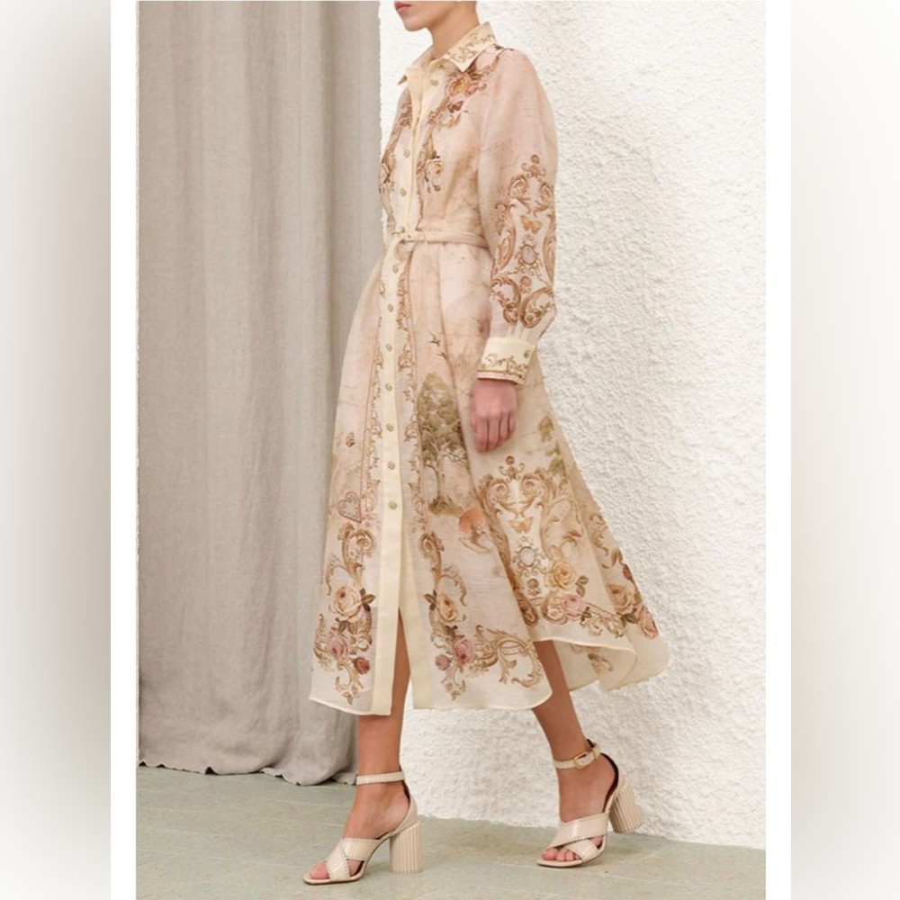 Zimmermann Memento Map Print Long Sleeve Belted Shirt Dress In Cream Au 1 US 6
